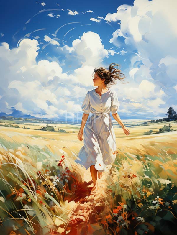 High Resolution: Young woman with light brown hair wears a white billowy dress walking through a sunlit golden field of tall grass and wildflowers beneath a bright blue sky download. | HRJPG.com