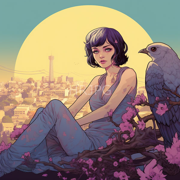High Resolution: Young woman with short wavy purple hair wears a sleeveless blue dress sitting on a tree branch adorned with pink cherry blossoms with a gray pigeon beside her download. | HRJPG.com