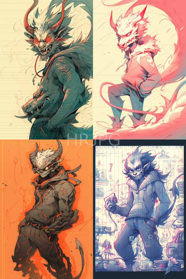 High Resolution: Four stylized anthropomorphic dragon characters are depicted in a comic book style each in a separate quadrant with distinct color palettes and dynamic poses download. | HRJPG.com