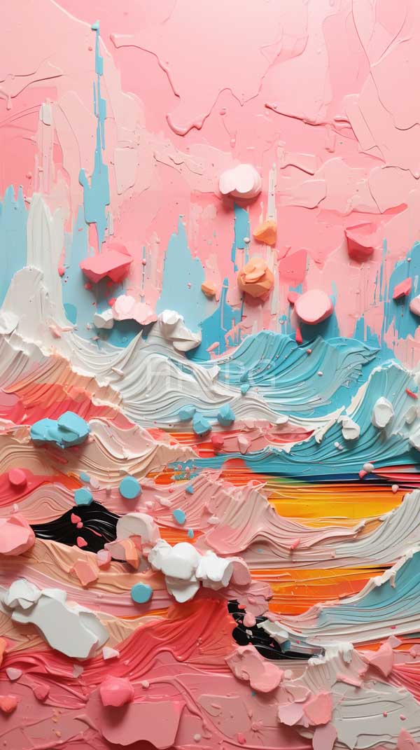High Resolution: Vibrant abstract textured painting features a pink gradient background with blue and white drips and swirling layered brushstrokes in warm hues download. | HRJPG.com