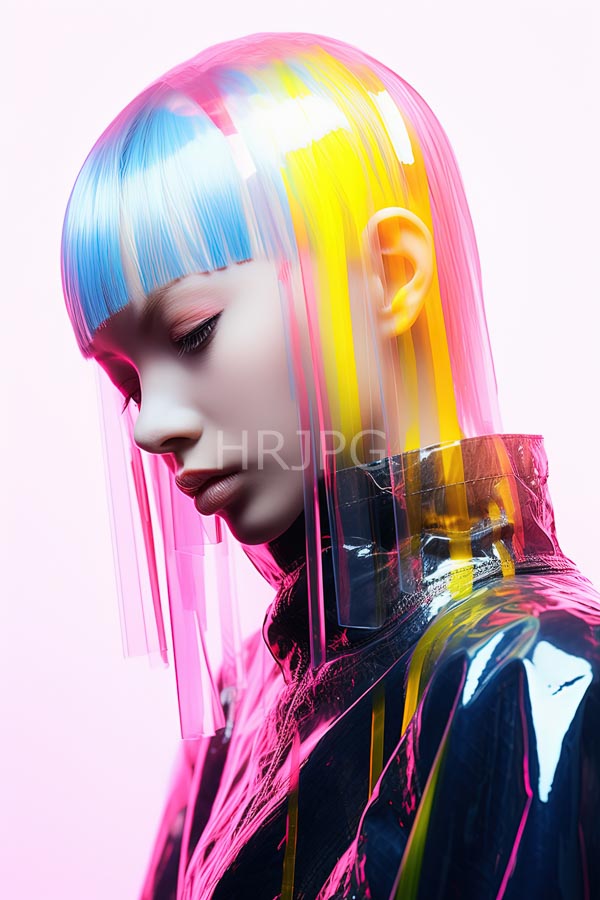 High Resolution: Pale-skinned androgynous model with sleek straight multicolored hair (blue pink yellow) is made of a glossy transparent plastic-like material download. | HRJPG.com
