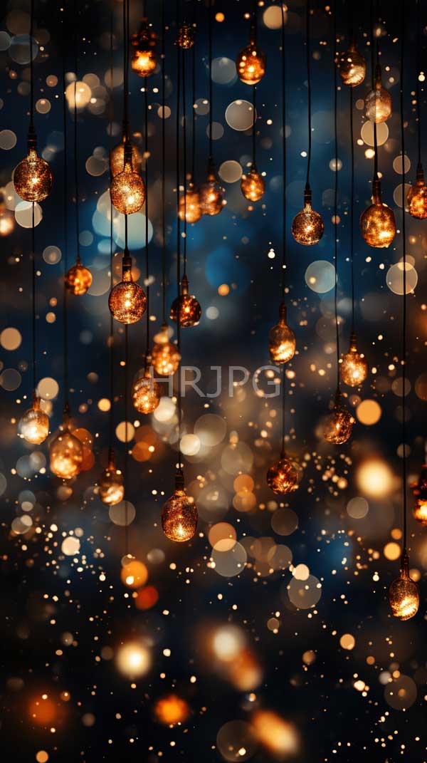 High Resolution: Numerous small glowing amber-hued glass pendant lights hang at varying heights against a dark blurred background creating a bokeh effect download. | HRJPG.com