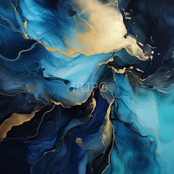 High Resolution: Abstract painting features fluid wavy patterns in deep blues turquoise and gold with a marbled texture and gold lines accentuating the waves download. | HRJPG.com