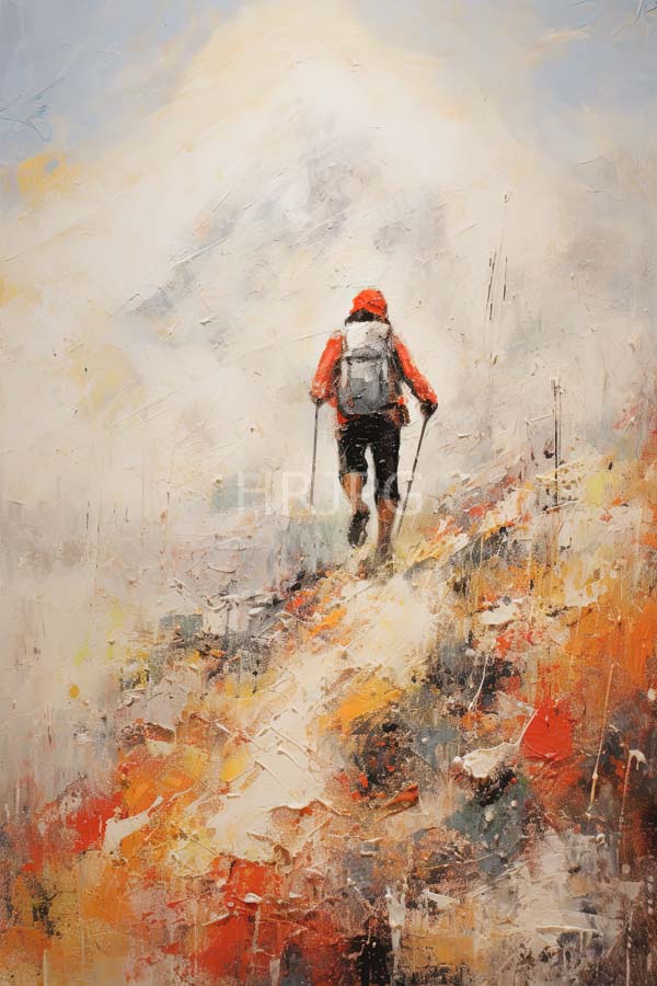 High Resolution: Textured impressionistic painting depicts a hiker from behind ascending a rocky autumn-colored hill wearing a red jacket and gray backpack download. | HRJPG.com