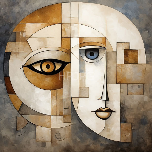 High Resolution: Abstract geometric-style painting of a face is composed of interlocking rectangular and square shapes in shades of beige brown and white download. | HRJPG.com
