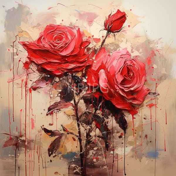 High Resolution: Digital painting of three vibrant red roses with detailed textured petals are surrounded by abstract splashes of red black and beige download. | HRJPG.com