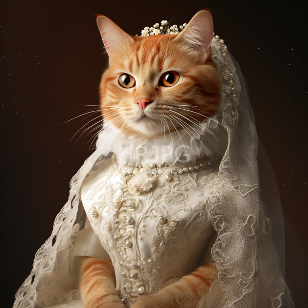 High Resolution: Orange tabby cat with large expressive amber eyes wears an elaborate white lace wedding dress and veil adorned with pearls download. | HRJPG.com