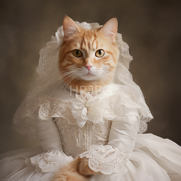 High Resolution: Orange tabby cat with yellow eyes wears an elaborate white lace wedding dress with a veil and bow sitting against a blurred dark brown background download. | HRJPG.com