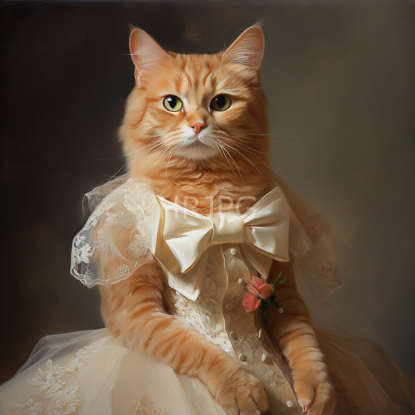 High Resolution: Orange tabby cat with green eyes wears an elegant white lace dress with a large bow and delicate floral accents sitting against a dark softly lit background download. | HRJPG.com