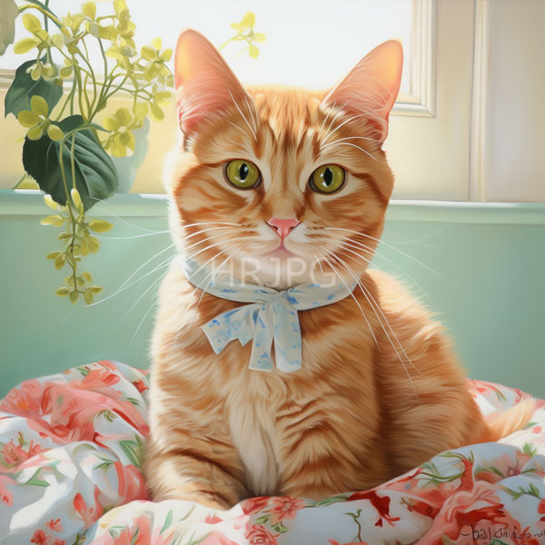 High Resolution: Orange tabby cat with green eyes wears a blue floral bowtie sitting on a floral-patterned bedspread in a sunlit room download. | HRJPG.com