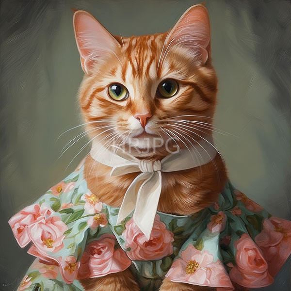 High Resolution: Orange tabby cat with green eyes wears a floral dress with pink roses and a white bow tie with detailed realistic fur textures download. | HRJPG.com