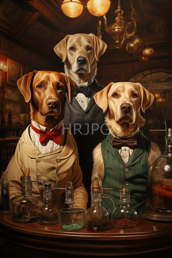 High Resolution: Three anthropomorphic Labrador Retrievers in Victorian attire stand behind a wooden bar with the central dog wearing a black vest and bow tie download. | HRJPG.com