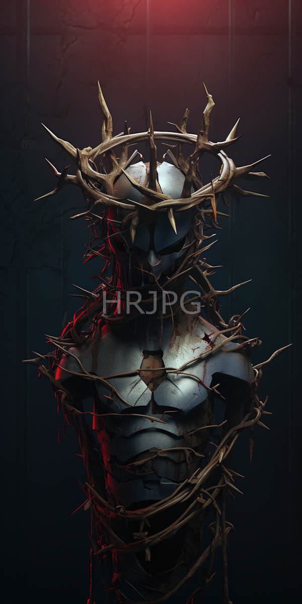 High Resolution: Muscular humanoid figure with a pale blue-gray skin tone is adorned with a thorny crown-like structure and thorns wrapping around its exposed body download. | HRJPG.com