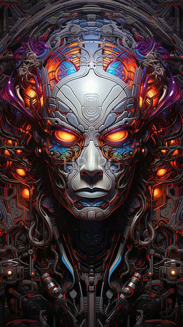 High Resolution: Futuristic cybernetic humanoid face with glowing orange eyes intricate metallic and circuitry patterns is surrounded by complex interconnected machinery download. | HRJPG.com