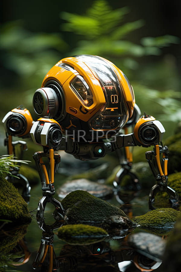 High Resolution: Futuristic yellow and black robotic insect-like creature with six legs stands in a mossy forest stream with a glossy dome-shaped head and metallic legs download. | HRJPG.com