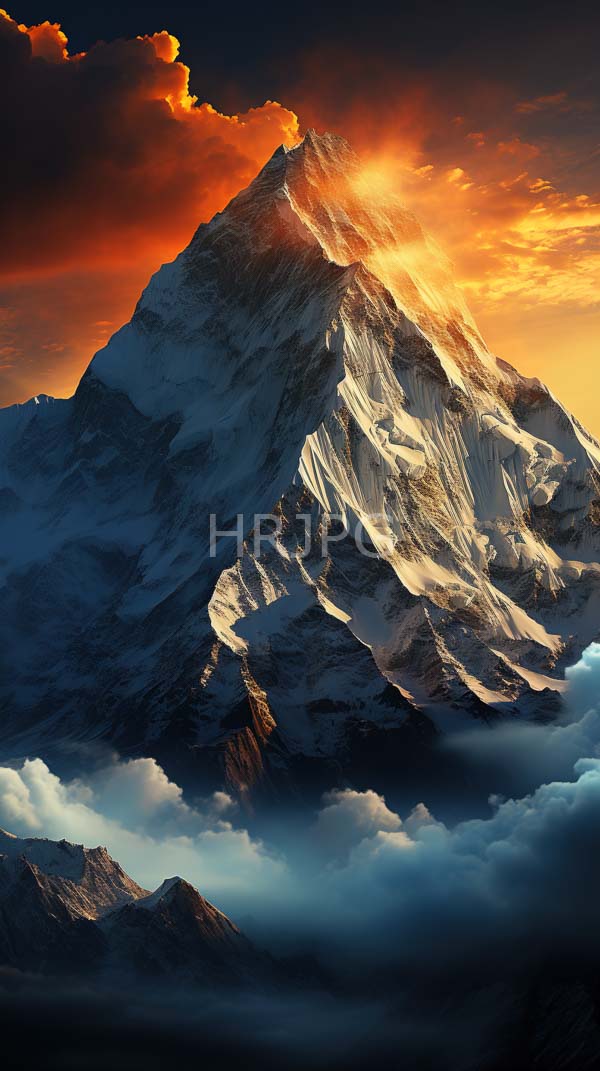 High Resolution: Towering snow-capped mountain peak is bathed in the golden-orange glow of a setting sun with sharply defined rugged textures download. | HRJPG.com