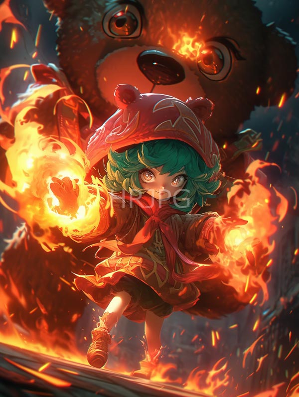 High Resolution: Green-haired young girl with large eyes wearing a red bear hat and cloak conjures fire with a giant fiery-eyed bear looming behind her download. | HRJPG.com
