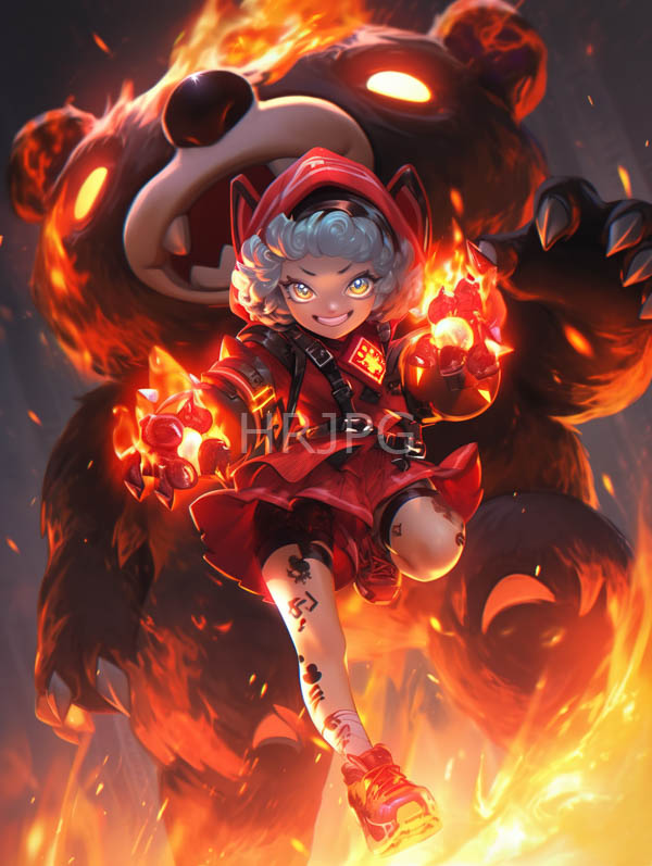 High Resolution: Young girl with curly blue hair wearing a red hooded dress and black boots is surrounded by flames casting fire from her hands with a large fiery bear behind her download. | HRJPG.com