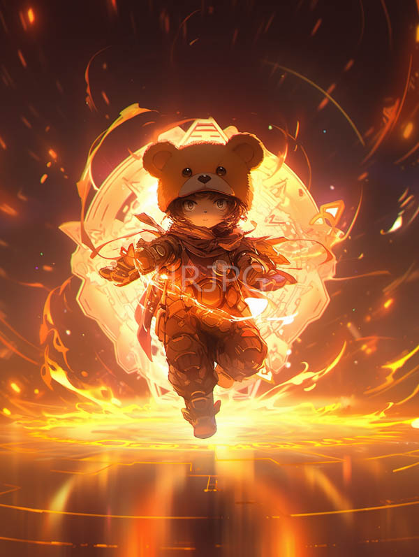 High Resolution: Young child in a futuristic orange armored suit wearing a bear-eared hood runs towards a glowing circular holographic portal against a fiery orange and yellow light background download. | HRJPG.com