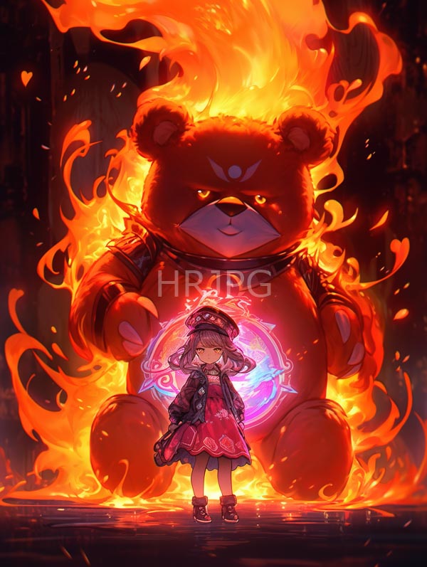 High Resolution: Young girl with brown hair wearing a red dress and black jacket stands in front of a giant fiery orange bear with a circular magical symbol above her head download. | HRJPG.com