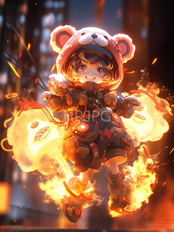 High Resolution: Cute young anime boy with short dark hair wears a red bear hood and black winter coat surrounded by bright fiery orange and yellow flames download. | HRJPG.com