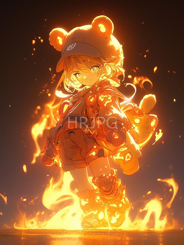 High Resolution: Anime-style illustration of a young blonde-haired child with green eyes stands amidst fiery flames wearing a bear-eared hat dark jacket and glowing flame-patterned boots download. | HRJPG.com