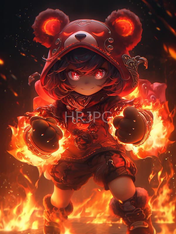High Resolution: Cute anime-style child with glowing red eyes wears a red bear hood with fluffy ears and a matching red outfit surrounded by bright fiery flames download. | HRJPG.com