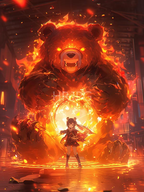 High Resolution: Fierce glowing bear with fiery eyes and orange flames stands behind a young anime-style girl with twin ponytails wearing a red and black outfit holding a glowing orb of fire download. | HRJPG.com