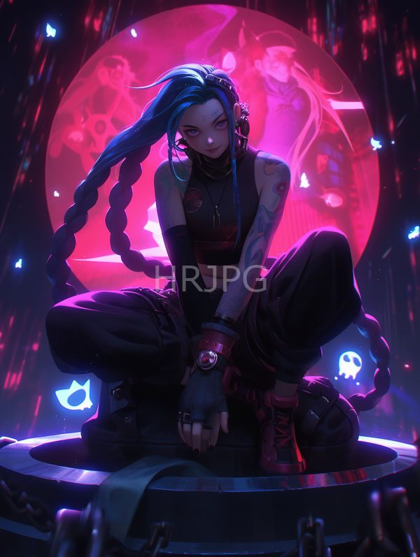 High Resolution: Fierce tattooed woman with long blue and black braided hair squats on a futuristic platform wearing a black crop top fingerless gloves and baggy pants with neon pink and blue lights download. | HRJPG.com
