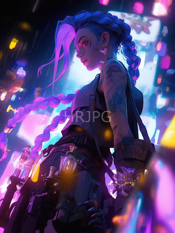 High Resolution: Tough tattooed woman with blue and pink braided hair wears a sleeveless top and tactical gear holding a futuristic gun against a blurred neon cityscape download. | HRJPG.com