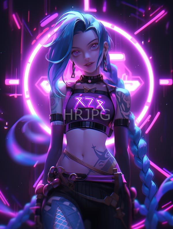 High Resolution: Cyberpunk-style woman with blue and purple hair in a long braid has purple eyes tattoos and wears a black crop top with neon "XXX" and fishnet stockings download. | HRJPG.com