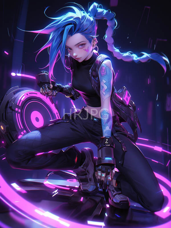 High Resolution: Cyberpunk-style female warrior with blue hair in a long braid wears a black sleeveless top black pants and fingerless gloves kneeling with a futuristic circular device download. | HRJPG.com