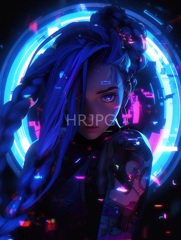 High Resolution: Cyberpunk-style young woman with vibrant blue hair in a thick braid partially covering her right eye has glowing blue and pink neon lights creating a circular futuristic effect in the background download. | HRJPG.com
