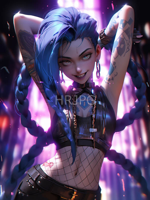 High Resolution: Punk-style blue-haired woman with braided hair tattoos and piercings wears a black fishnet top leather choker and cross necklace with arms raised download. | HRJPG.com