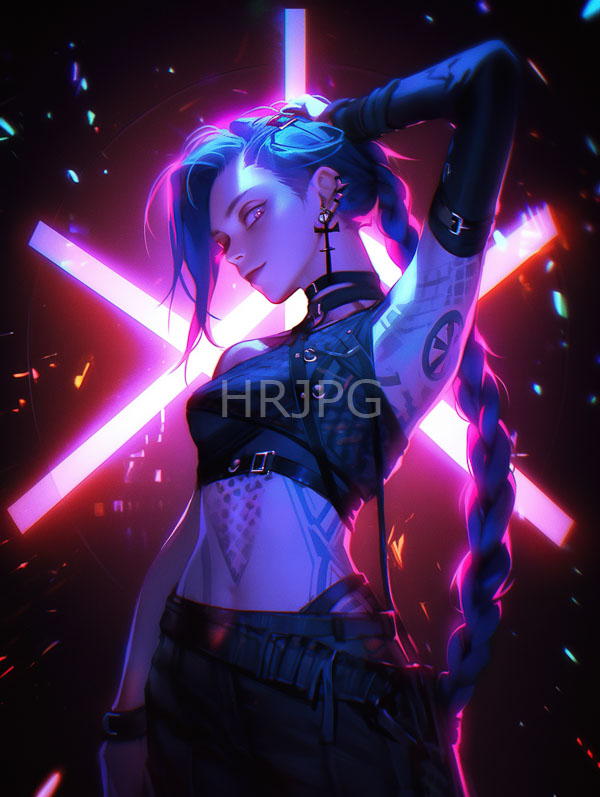 High Resolution: Punk-style blue-haired woman with braided hair wears a black mesh sleeveless top and black pants with tattoos on her arm and side download. | HRJPG.com