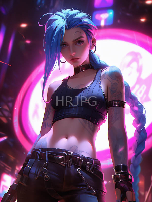 High Resolution: Blue-haired tattooed woman with a long braid wears a black crop top leather belt and fingerless gloves standing in a neon-lit futuristic setting download. | HRJPG.com