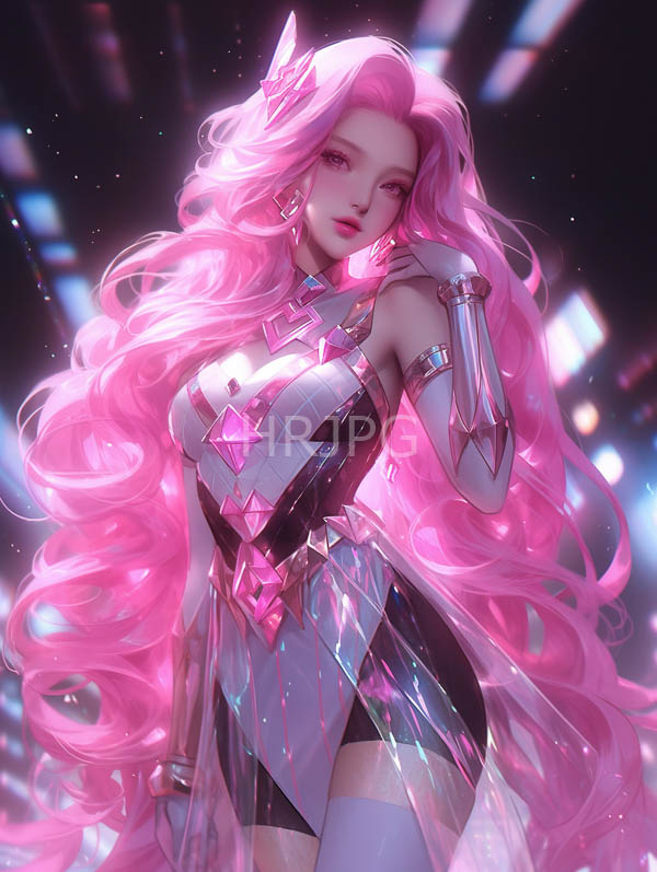 High Resolution: Futuristic pink-haired woman with long flowing hair and glowing pink highlights wears a metallic diamond-patterned sleeveless dress with thigh-high white stockings download. | HRJPG.com