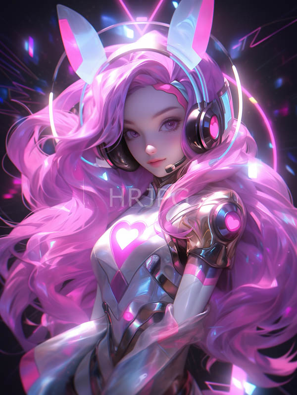 High Resolution: Young fair-skinned woman with long wavy pink hair wears a futuristic metallic bodysuit with pink heart patterns and large glowing pink bunny ears on her head download. | HRJPG.com