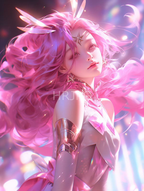 High Resolution: Pink-haired fair-skinned woman with a star-shaped forehead tattoo wears a metallic arm band and pink star-patterned outfit with her eyes closed conveying a dreamy ethereal quality download. | HRJPG.com