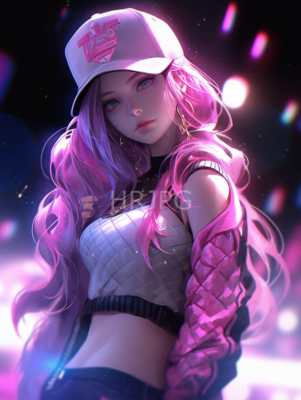 High Resolution: Young woman with long wavy pink and purple hair wears a white quilted crop top black off-shoulder jacket and pink quilted sleeves with a white baseball cap download. | HRJPG.com