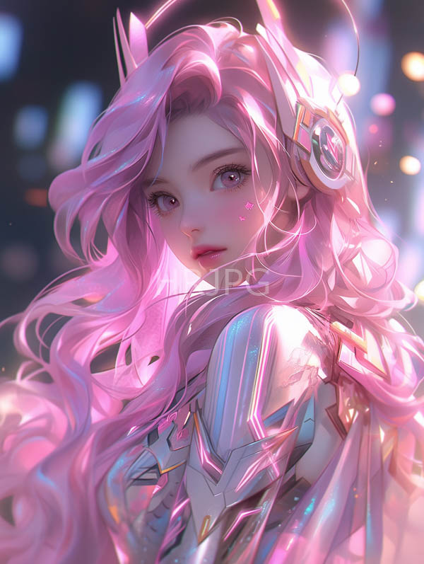 High Resolution: Beautiful young anime-style woman with long wavy pink hair wears futuristic glowing pink and white armor with large expressive eyes and neon-accented headgear download. | HRJPG.com