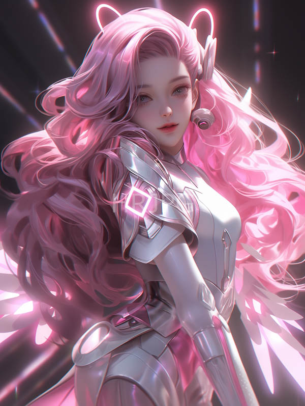 High Resolution: Beautiful fair-skinned woman with long wavy pink hair wears futuristic silver armor with glowing pink accents a pink cat-ear headpiece and pink glowing wings download. | HRJPG.com