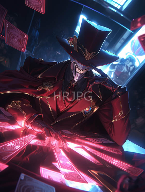 High Resolution: Sinister masked figure in a dark red gold-trimmed top hat and coat holds glowing pink tarot cards with a white mask revealing a toothy grin download. | HRJPG.com