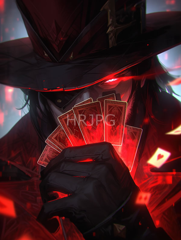 High Resolution: Mysterious figure in a dark elaborate hat and cloak holds a glowing fan of red ornate playing cards with glowing red eyes visible through the shadows download. | HRJPG.com