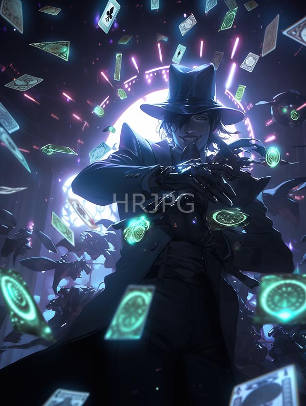 High Resolution: Dark mysterious figure in a black top hat and long coat is surrounded by floating playing cards and glowing green magical symbols holding a card in a gloved hand download. | HRJPG.com