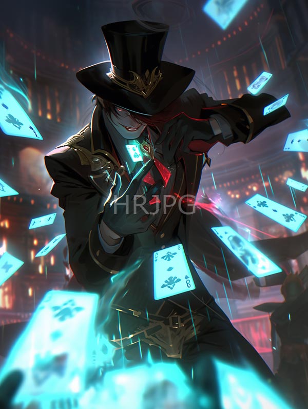 High Resolution: Mysterious dark-clad man with a tall top hat holds glowing playing cards wearing a brown coat with gold accents a red tie and black gloves download. | HRJPG.com