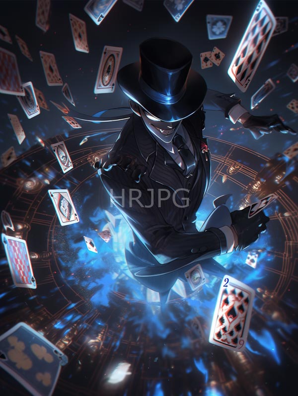 High Resolution: Mysterious masked magician in a black top hat and suit is surrounded by floating playing cards with glowing blue eyes holding a card in a gloved right hand download. | HRJPG.com