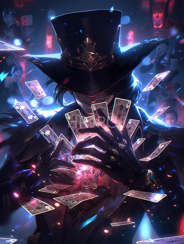 High Resolution: Mysterious dark-clad figure with a tall top hat holds glowing playing cards with black-gloved hands and neon lights and blurred figures in the background download. | HRJPG.com