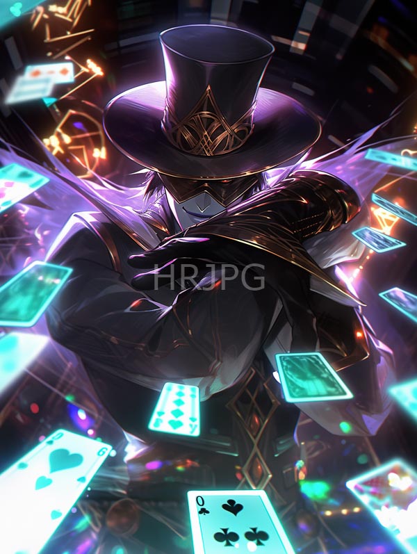 High Resolution: Mysterious dark-clad figure in a tall black top hat with gold patterns wears a mask and cloak holding a glowing card surrounded by floating illuminated playing cards download. | HRJPG.com