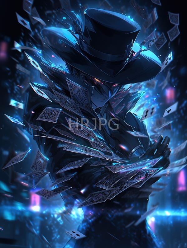 High Resolution: Mysterious dark-clad figure with glowing red eyes wears a large black top hat and a high-collared coat surrounded by floating playing cards illuminated by blue and purple neon lights download. | HRJPG.com